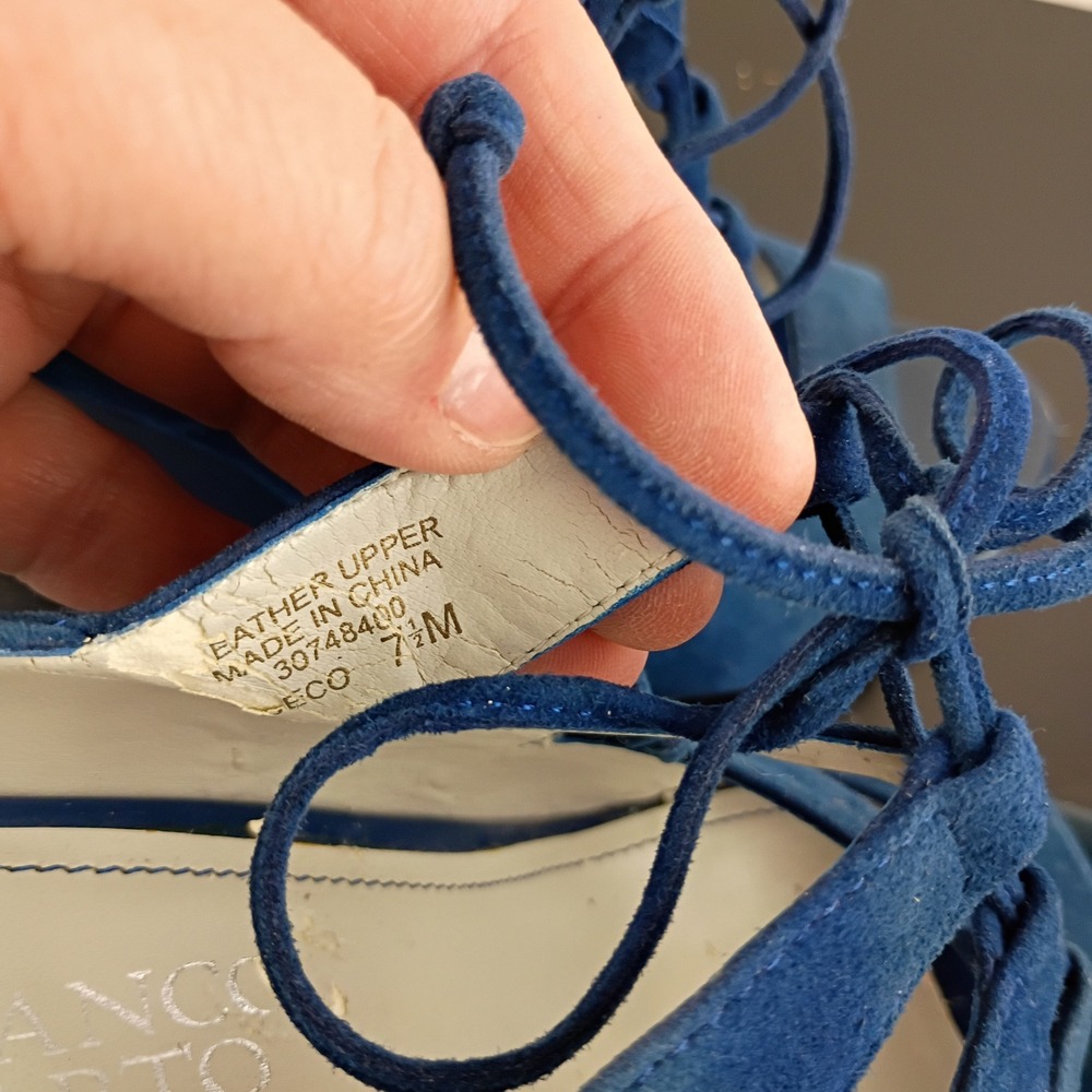 Franco Sarto Deco Blue Suede Lace Up Peep Toe Wedge Sandals Shoes Womens 7.5M - Picture 8 of 12